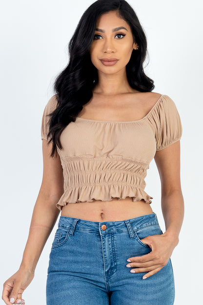 Casual Ruched Puff Sleeve Ribbed Knit Solid Top - Capella Apparel