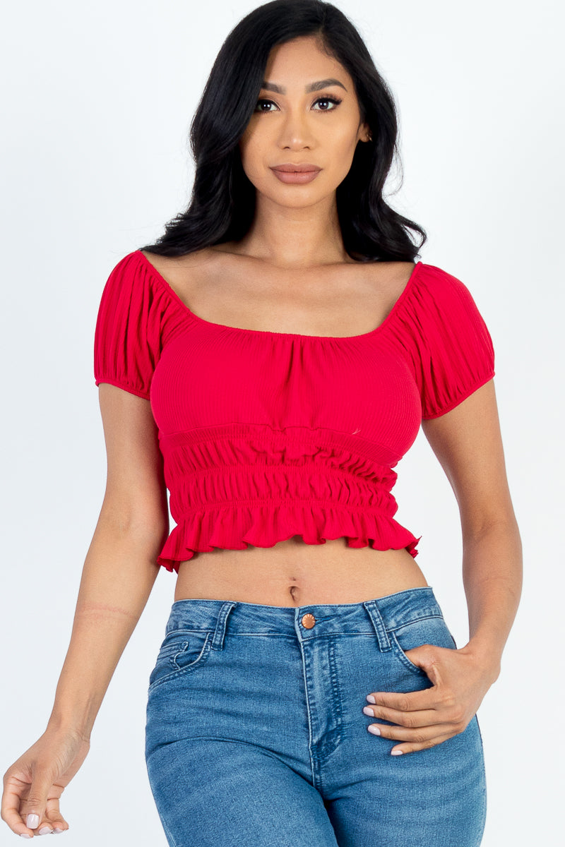 Casual Ruched Puff Sleeve Ribbed Knit Solid Top - Capella Apparel