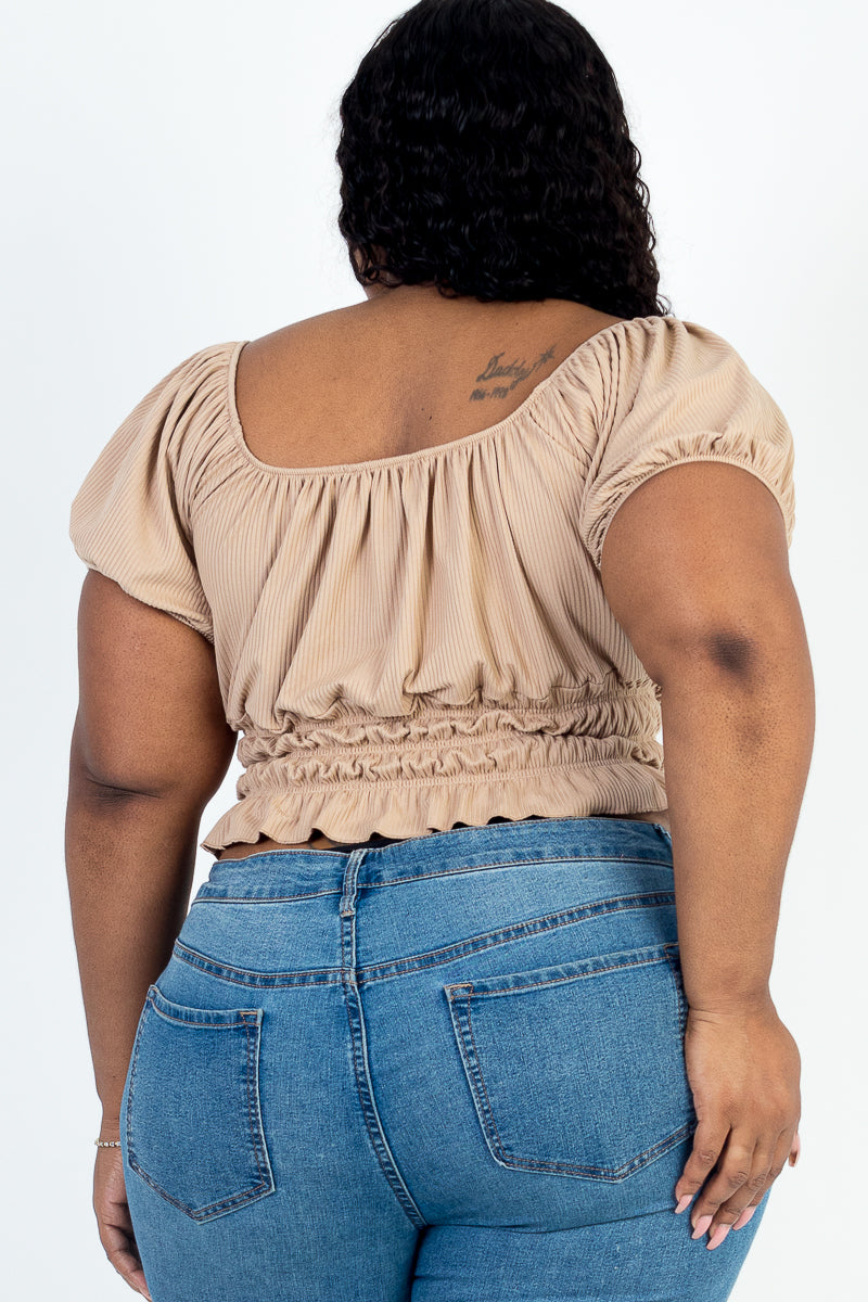 Plus Size Casual Ruched Puff Sleeve Ribbed Knit Solid Top - Capella Apparel