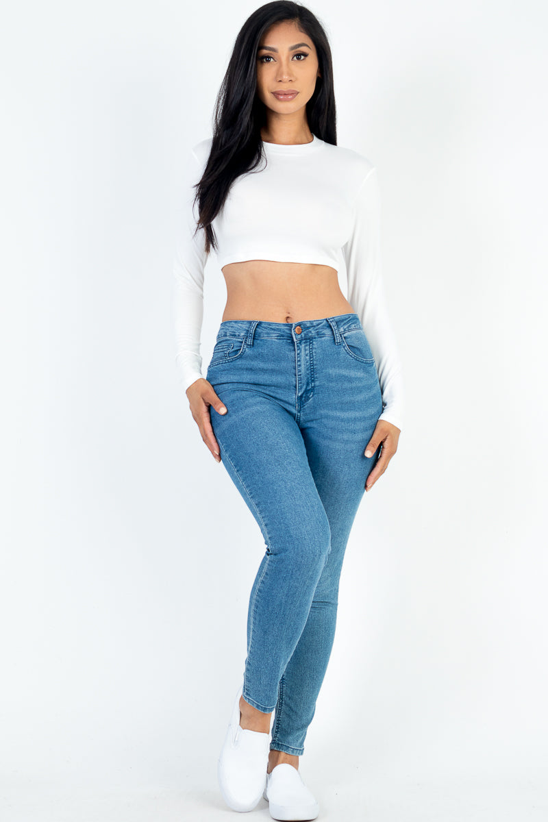 Crew Neck Long Sleeve Cropped Top - Capella Apparel