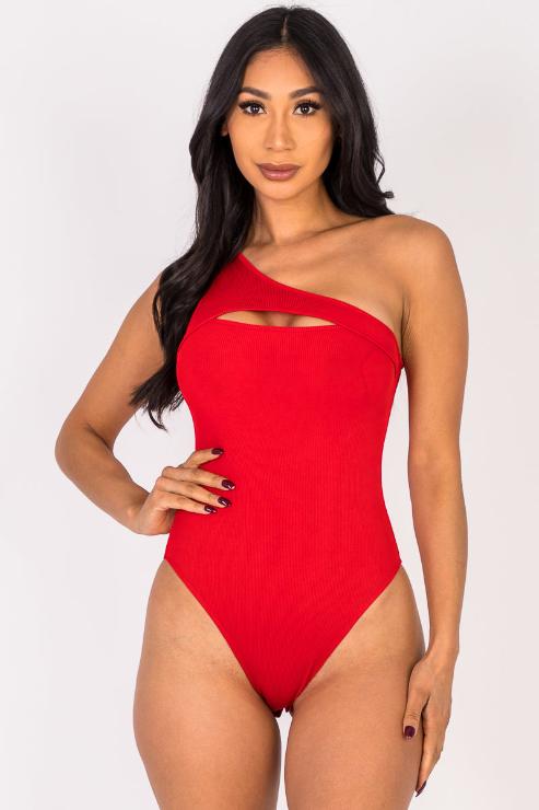 Ribbed Knit Cut Out One Shoulder Bodysuit - Capella Apparel