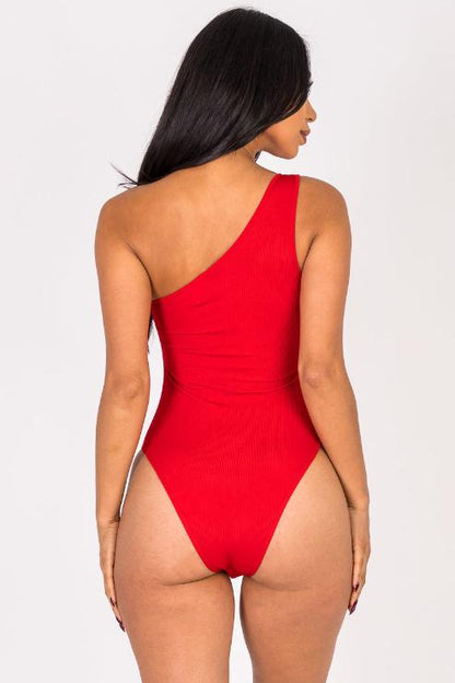 Ribbed Knit Cut Out One Shoulder Bodysuit - Capella Apparel