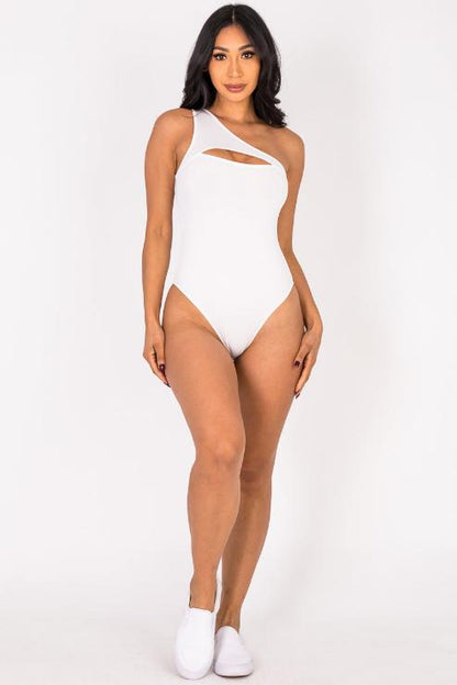 Ribbed Knit Cut Out One Shoulder Bodysuit - Capella Apparel