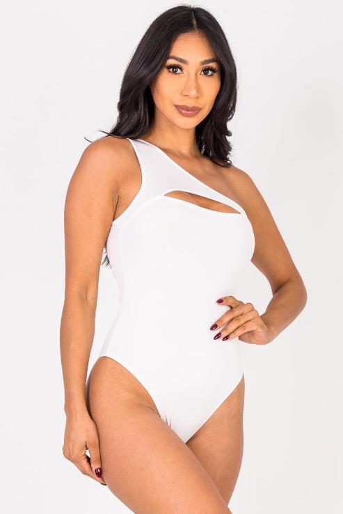 Ribbed Knit Cut Out One Shoulder Bodysuit - Capella Apparel