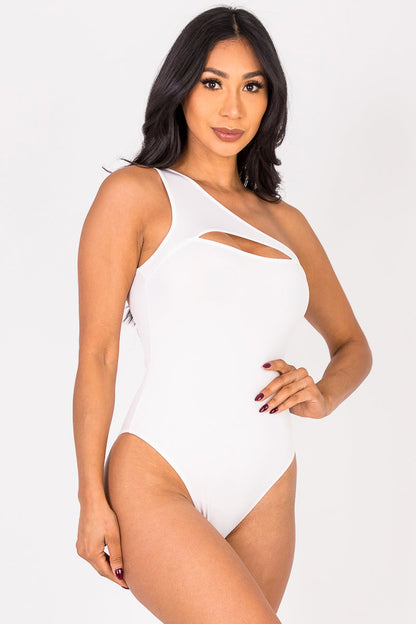 Ribbed Knit Cut Out One Shoulder Bodysuit (CAPELLA) - Capella Apparel