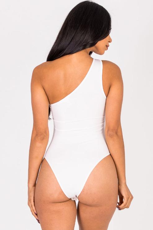 Ribbed Knit Cut Out One Shoulder Bodysuit - Capella Apparel