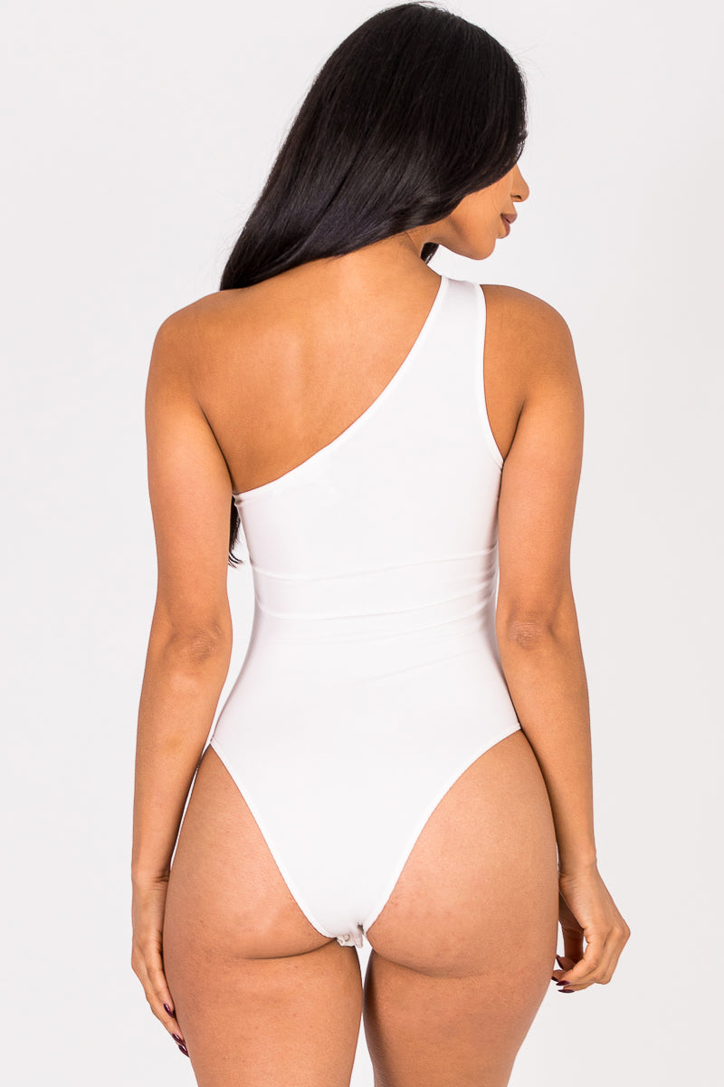 Ribbed Knit Cut Out One Shoulder Bodysuit (CAPELLA) - Capella Apparel