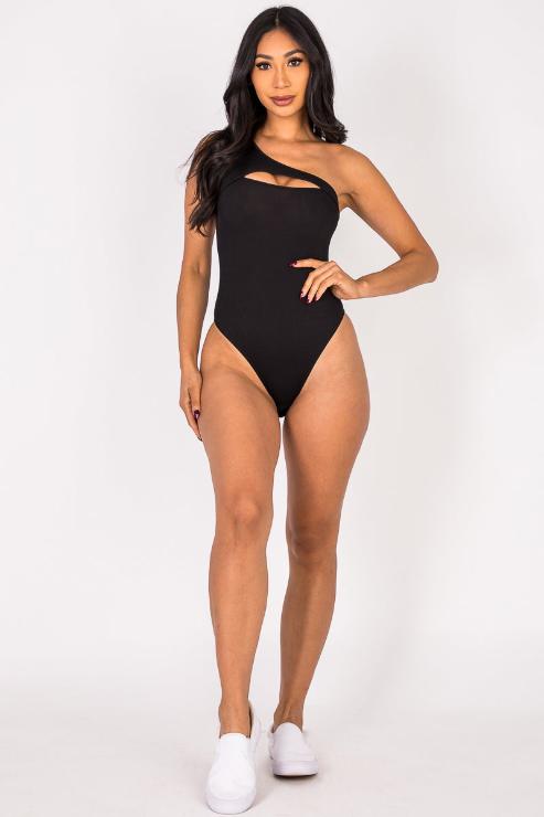 Ribbed Knit Cut Out One Shoulder Bodysuit - Capella Apparel