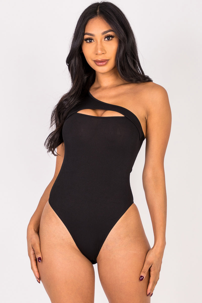 Ribbed Knit Cut Out One Shoulder Bodysuit (CAPELLA) - Capella Apparel