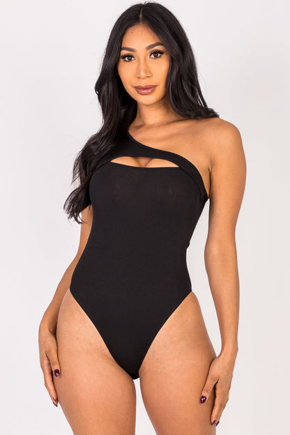 Ribbed Knit Cut Out One Shoulder Bodysuit (CAPELLA) - Capella Apparel
