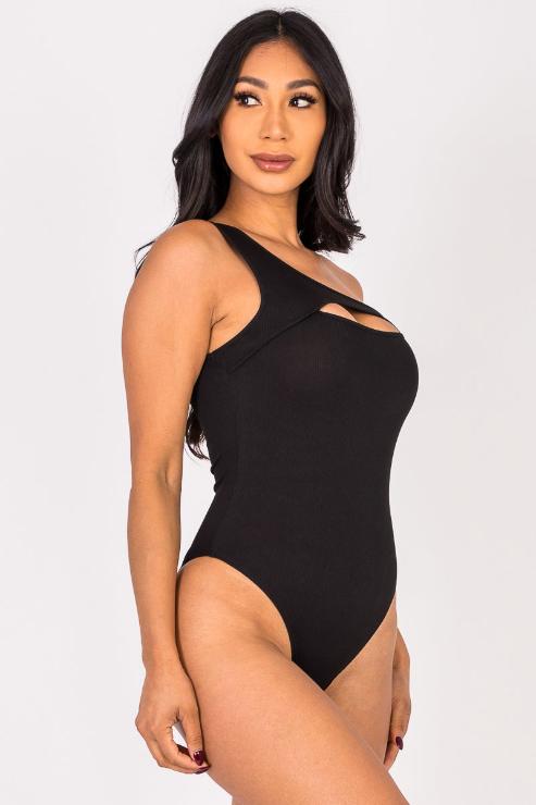 Ribbed Knit Cut Out One Shoulder Bodysuit - Capella Apparel