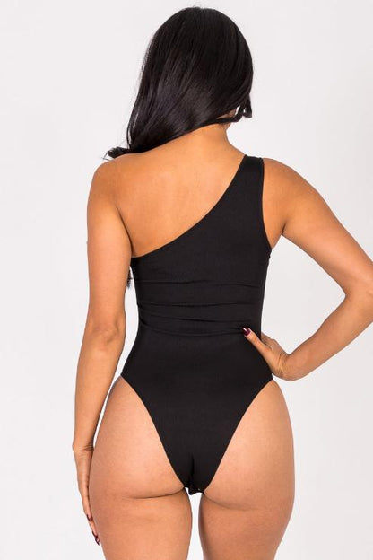 Ribbed Knit Cut Out One Shoulder Bodysuit - Capella Apparel