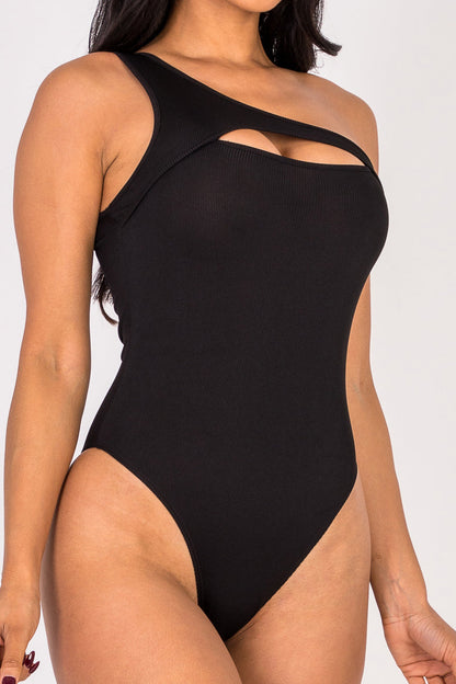 Ribbed Knit Cut Out One Shoulder Bodysuit (CAPELLA) - Capella Apparel