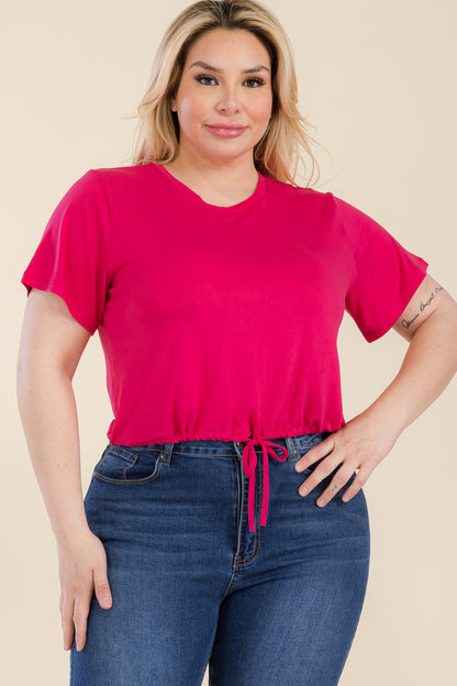 Plus Size Tie Front Drawstring Short Sleeve Crop Top - Capella Apparel