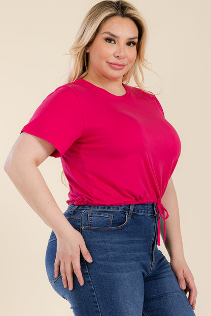 Plus Size Tie Front Drawstring Short Sleeve Crop Top - Capella Apparel