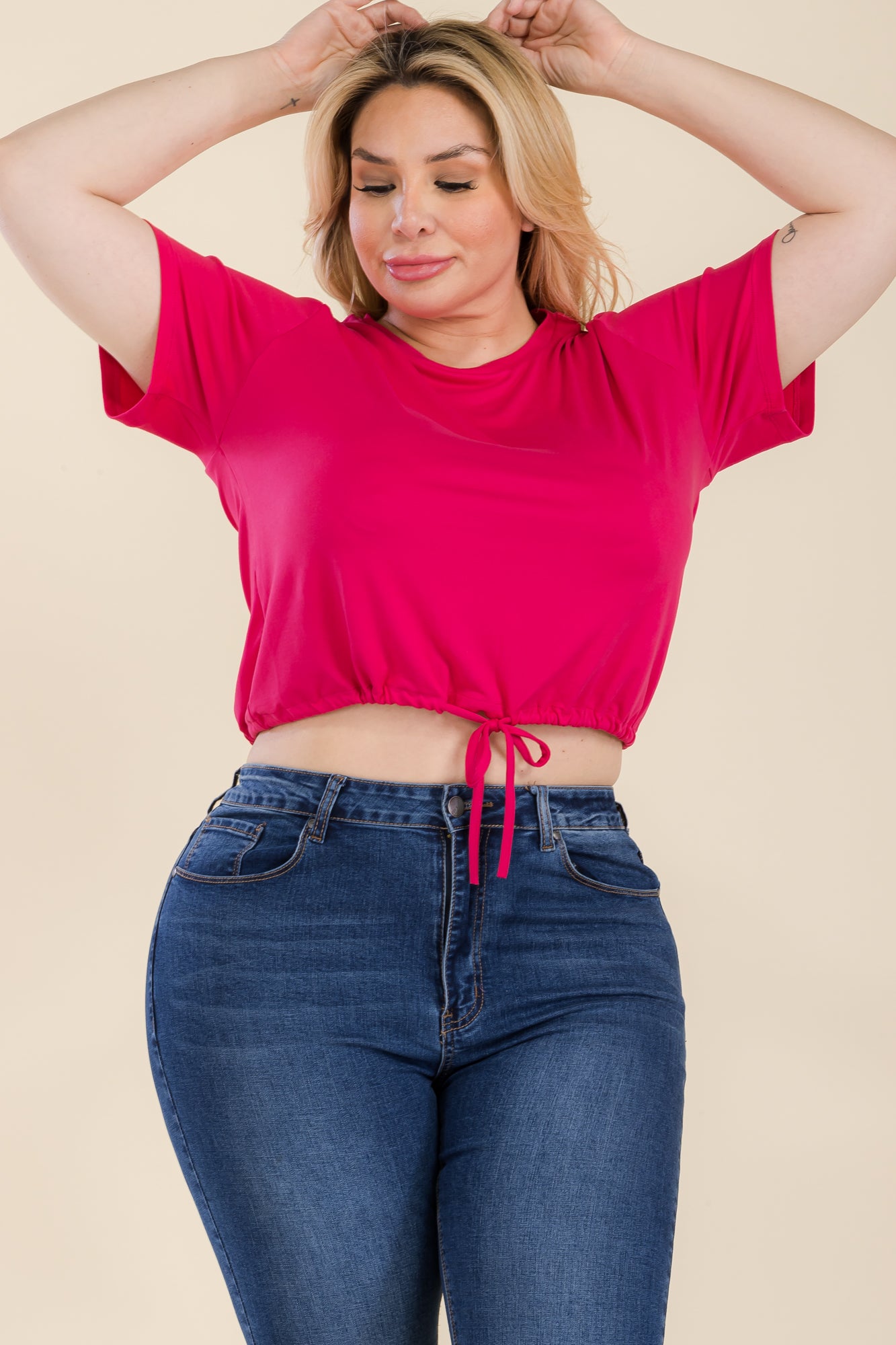 Plus Size Tie Front Drawstring Short Sleeve Crop Top - Capella Apparel