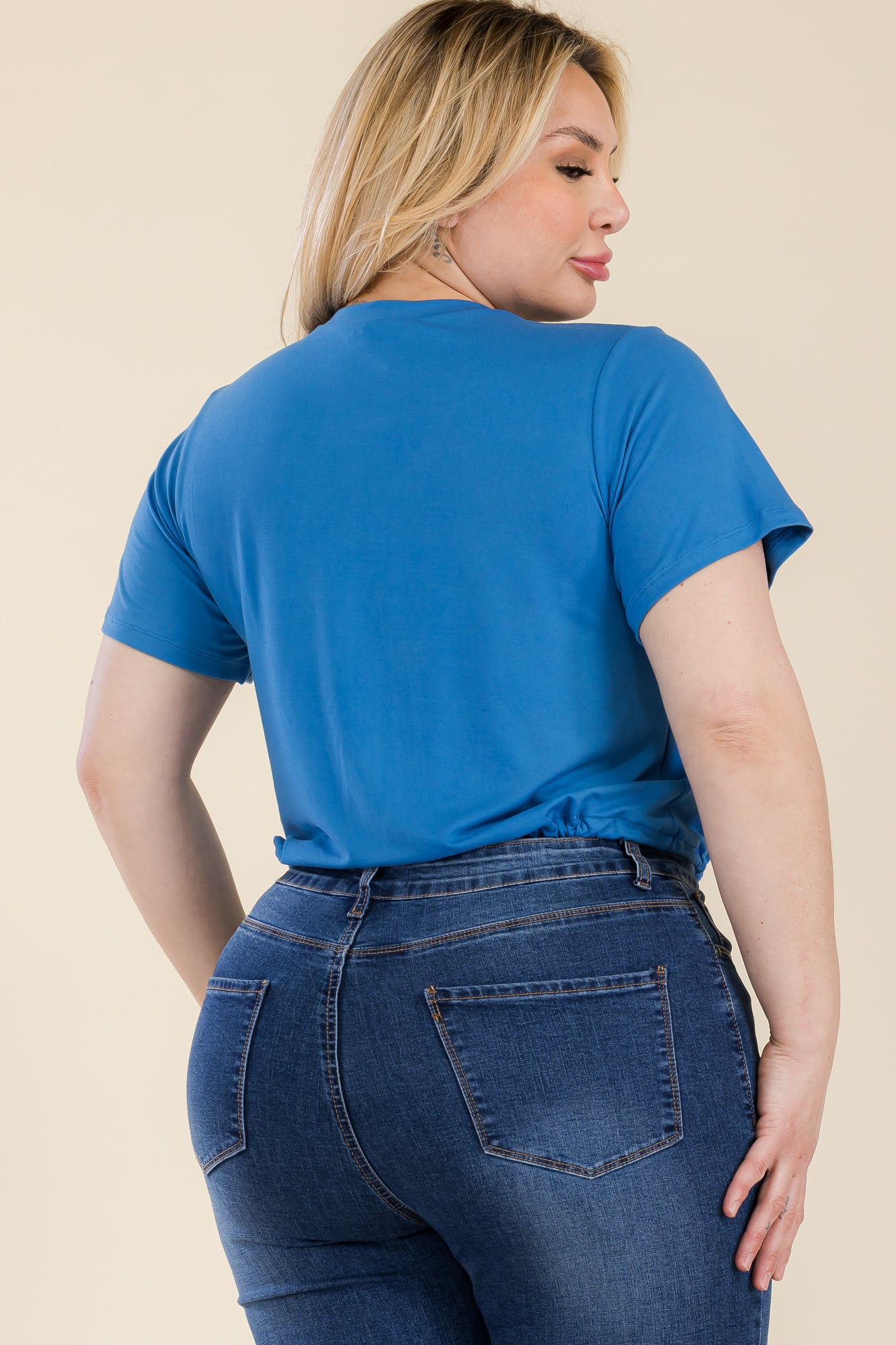 Plus Size Tie Front Drawstring Short Sleeve Crop Top - Capella Apparel