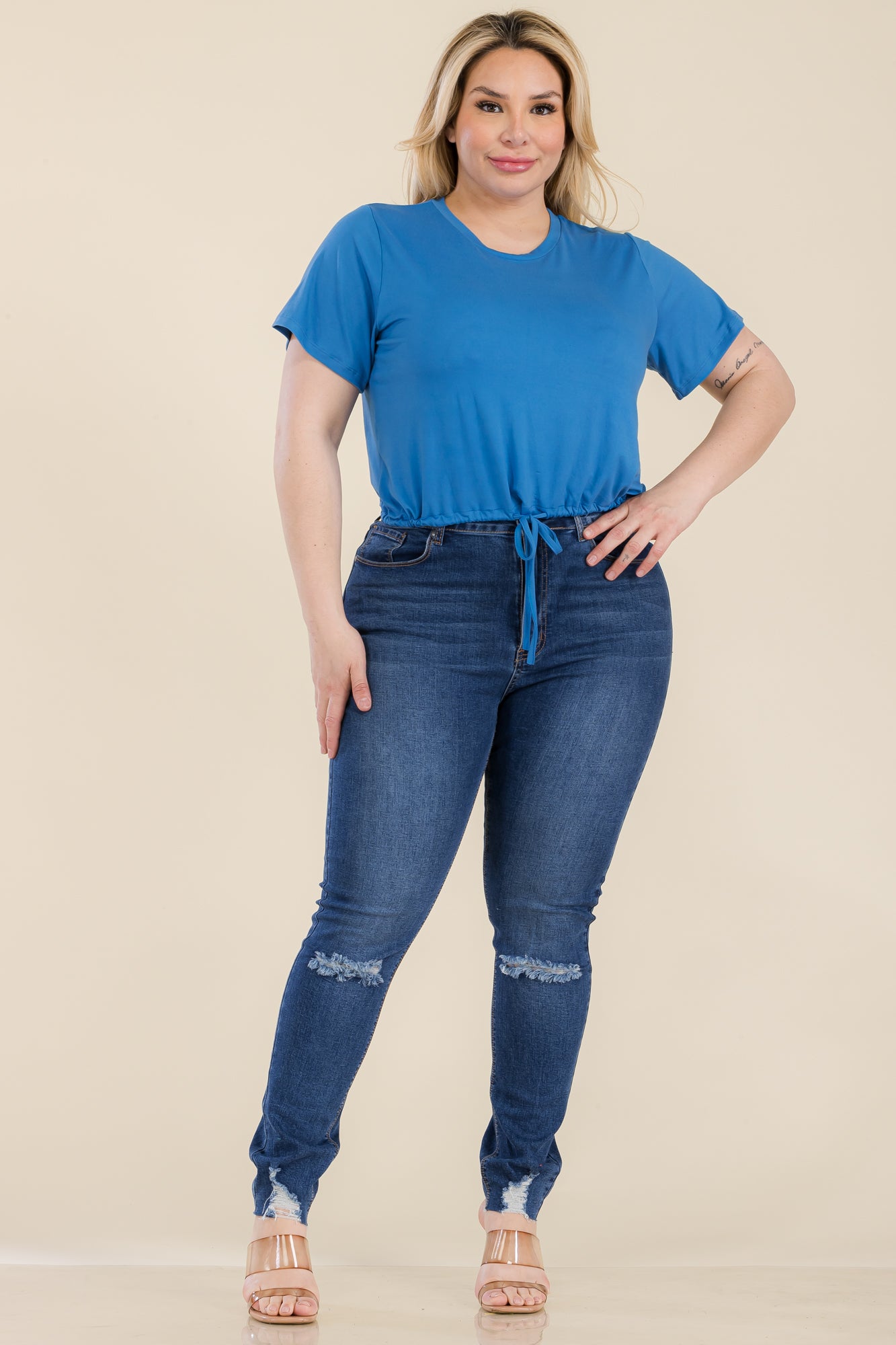 Plus Size Tie Front Drawstring Short Sleeve Crop Top - Capella Apparel