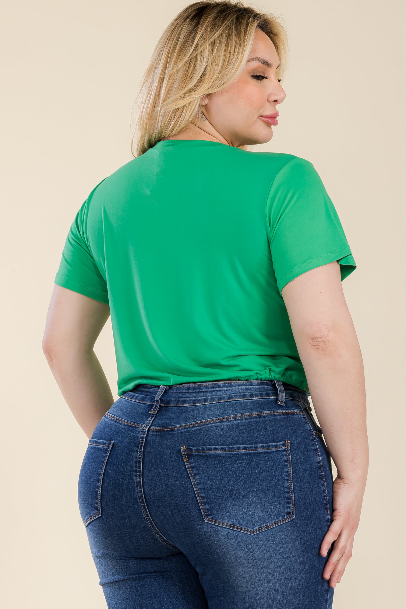 Plus Size Tie Front Drawstring Short Sleeve Crop Top - Capella Apparel