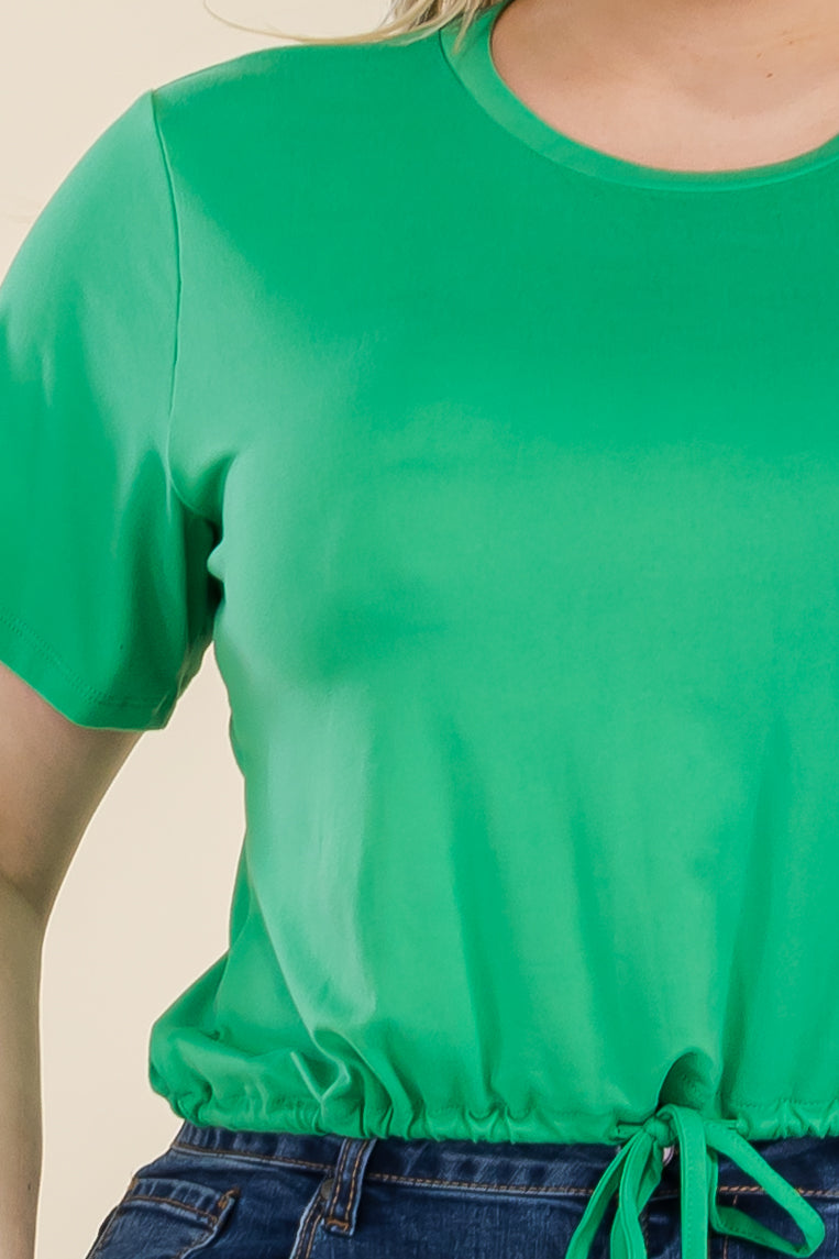 Plus Size Tie Front Drawstring Short Sleeve Crop Top - Capella Apparel