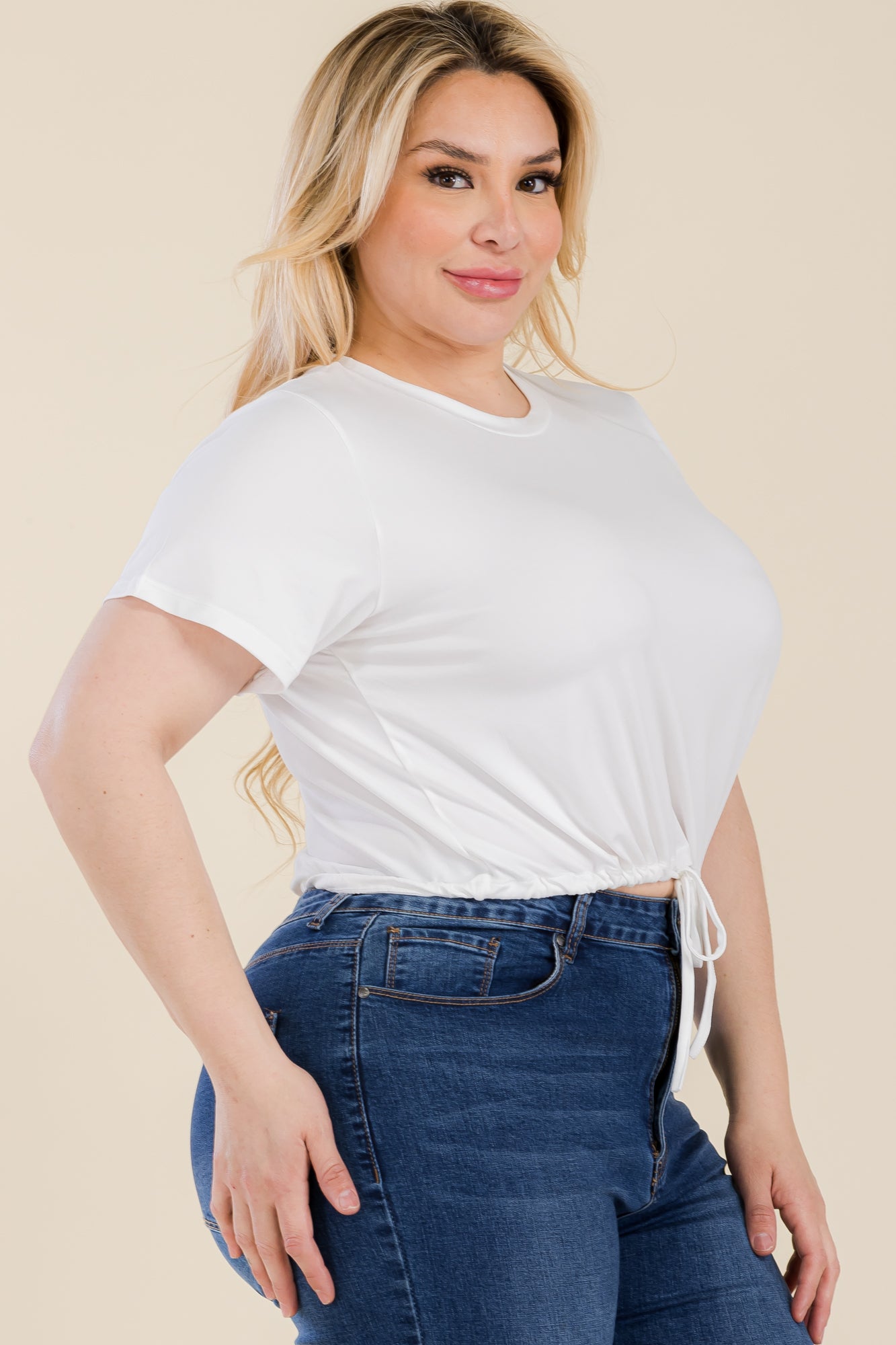 Plus Size Tie Front Drawstring Short Sleeve Crop Top - Capella Apparel