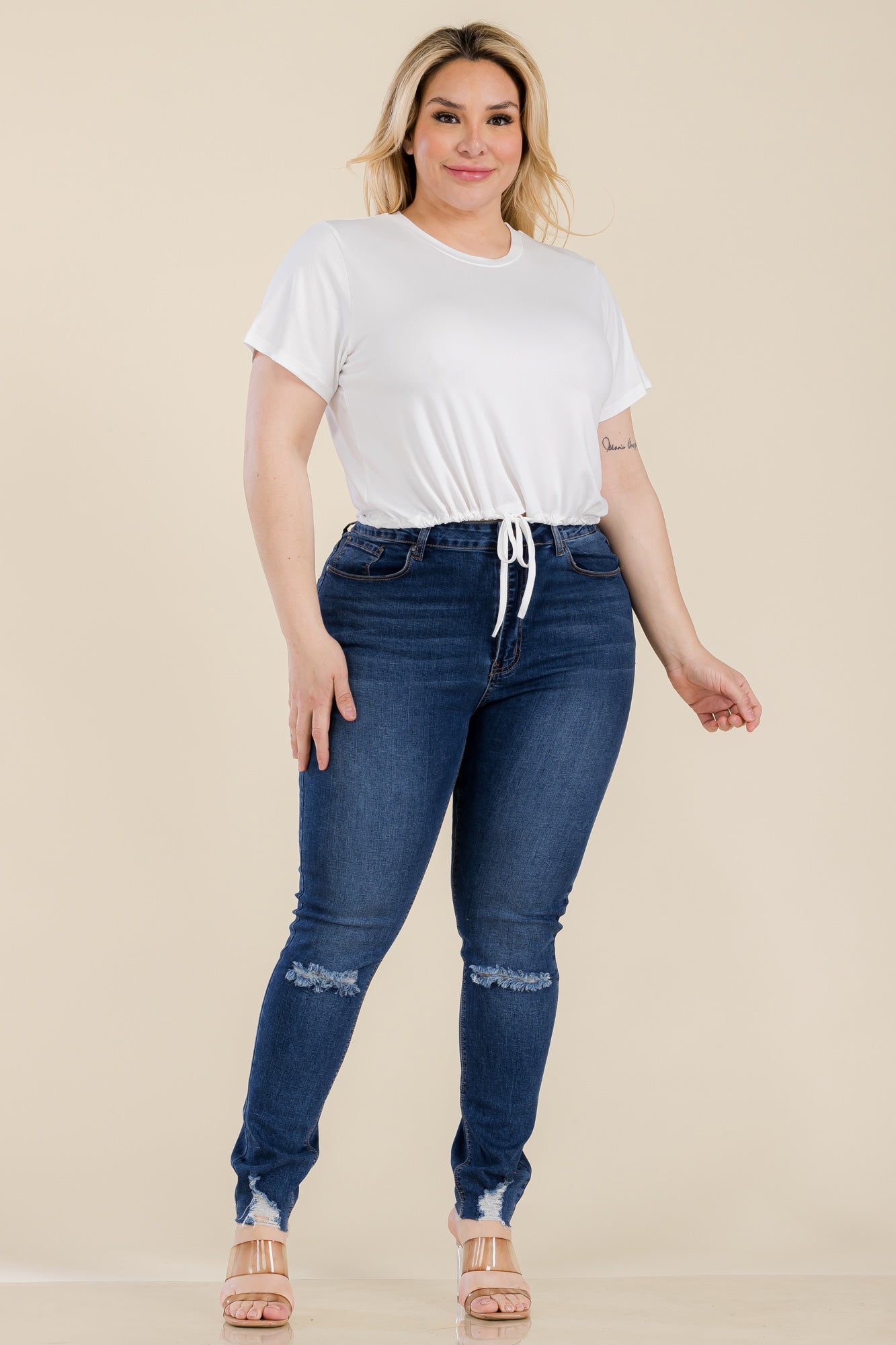 Plus Size Tie Front Drawstring Short Sleeve Crop Top - Capella Apparel