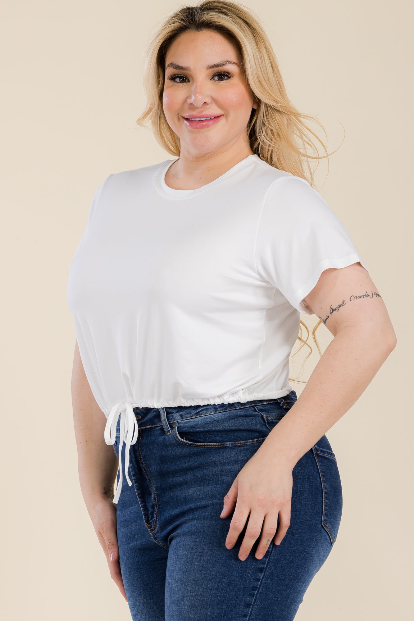 Plus Size Tie Front Drawstring Short Sleeve Crop Top - Capella Apparel