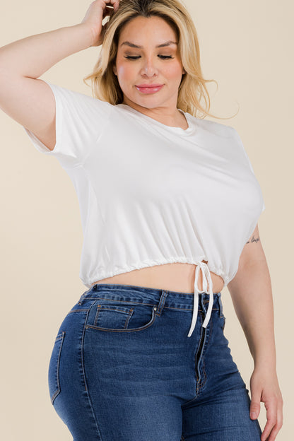 Plus Size Tie Front Drawstring Short Sleeve Crop Top - Capella Apparel