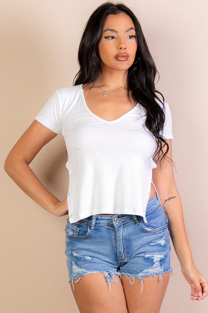 Ribbed Side Button Short Sleeve Top (CAPELLA) - Capella Apparel