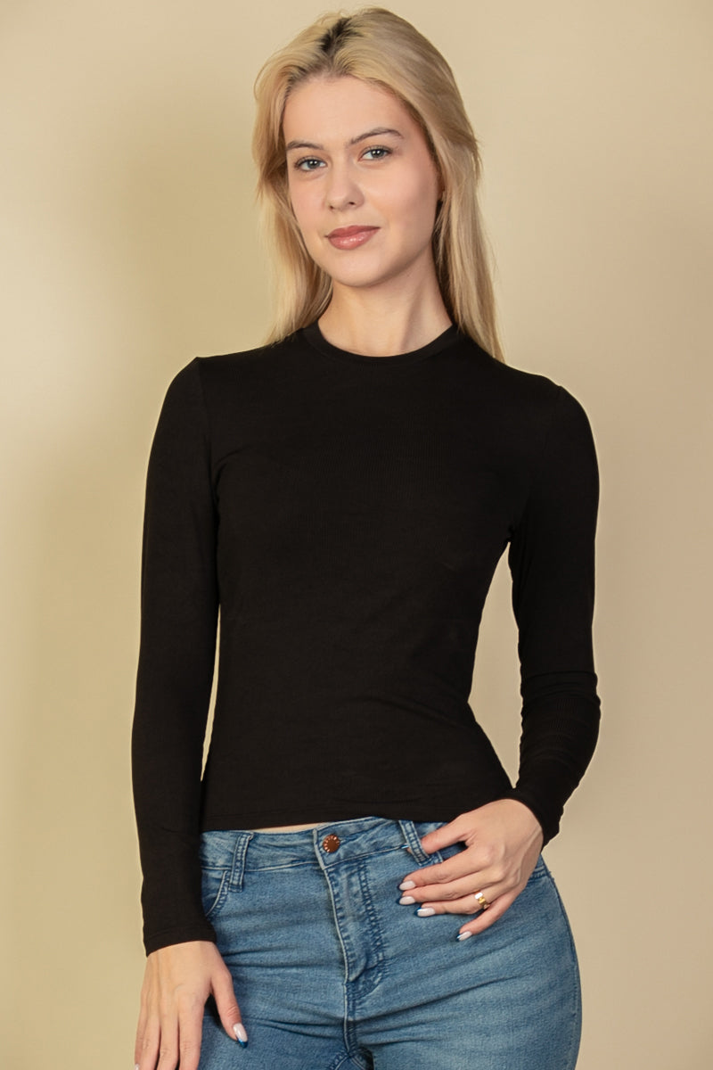 Ribbed Round Neck Long Sleeve Top (CAPELLA) - Capella Apparel