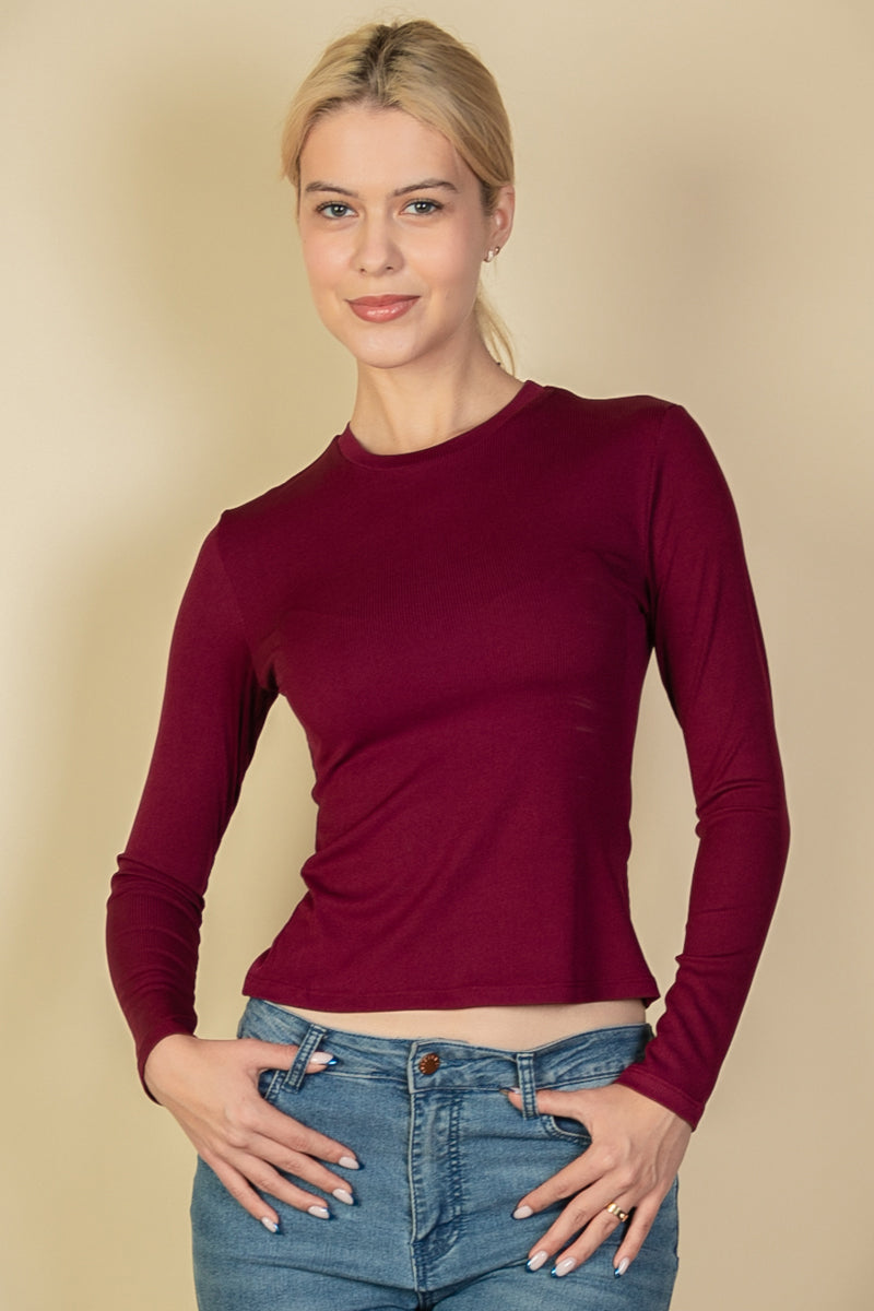 Ribbed Round Neck Long Sleeve Top (CAPELLA) - Capella Apparel