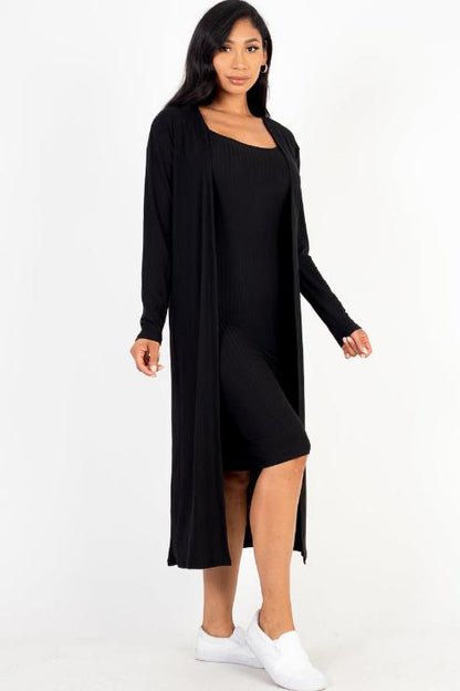 Ribbed Cardigan & Cami Midi Bodycon Dress - Capella Apparel