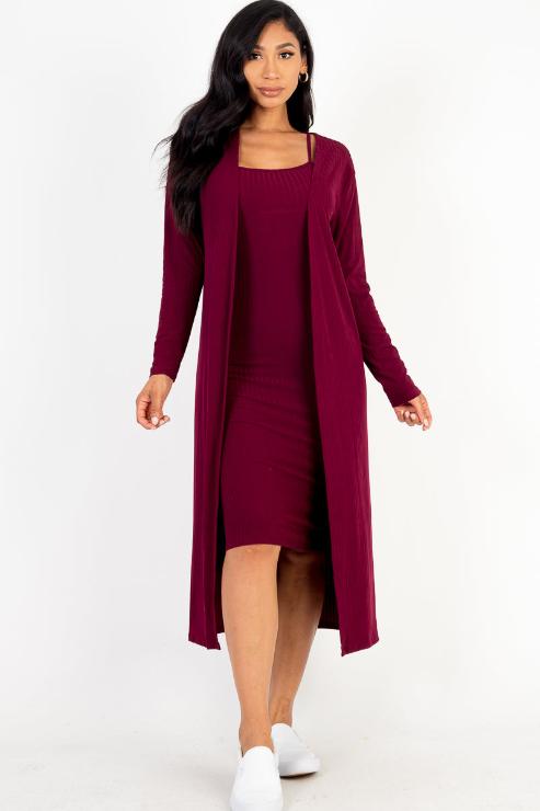 Ribbed Cardigan & Cami Midi Bodycon Dress - Capella Apparel