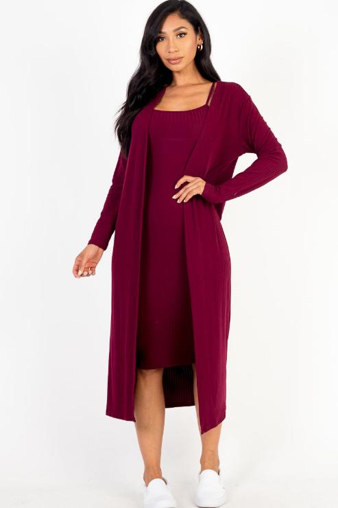 Ribbed Cardigan & Cami Midi Bodycon Dress - Capella Apparel