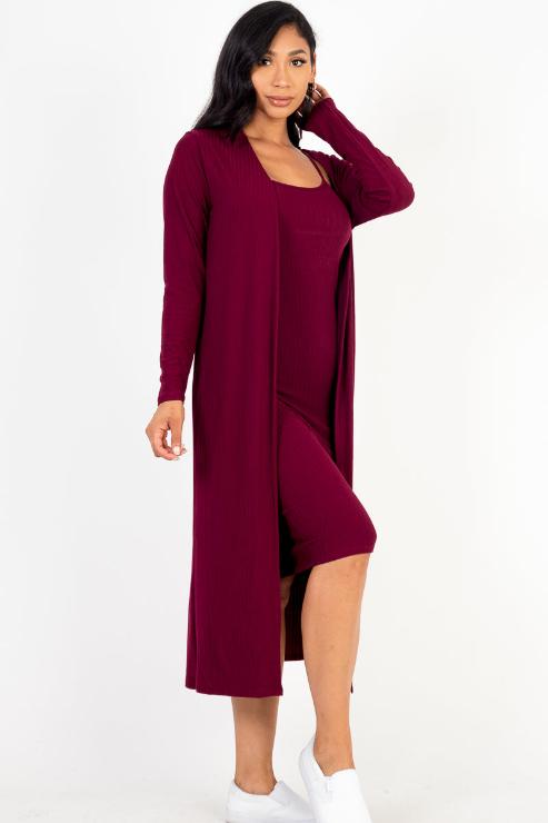 Ribbed Cardigan & Cami Midi Bodycon Dress - Capella Apparel