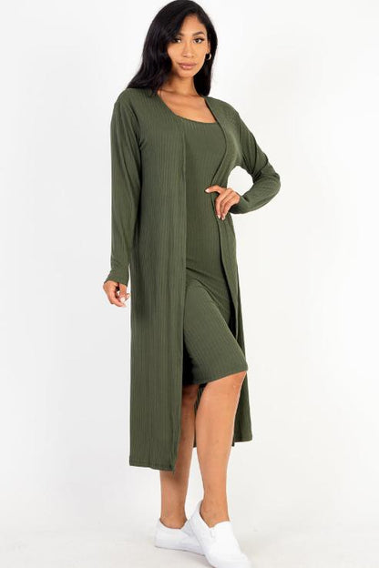 Ribbed Cardigan & Cami Midi Bodycon Dress - Capella Apparel