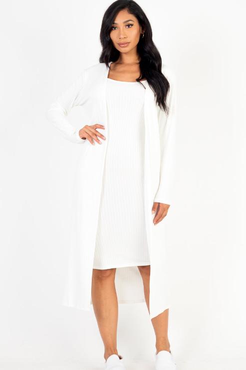 Ribbed Cardigan & Cami Midi Bodycon Dress - Capella Apparel