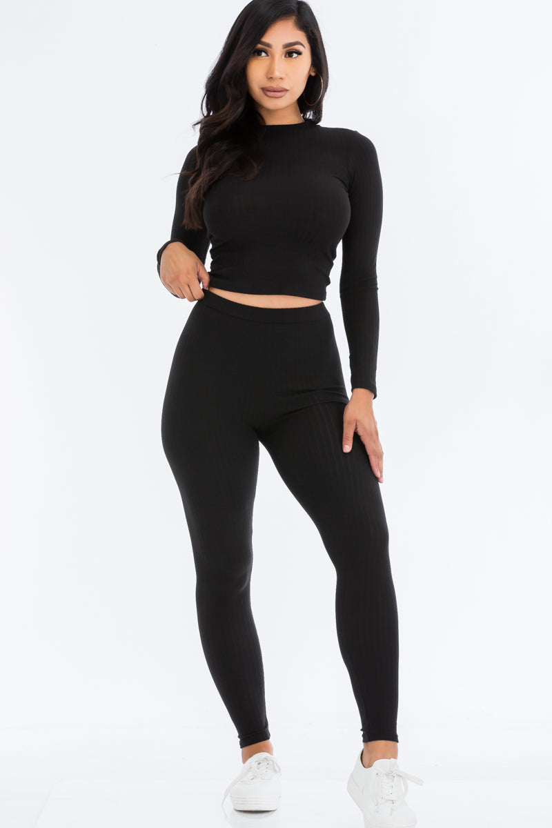 Ribbed Mock Neck Long Sleeve Top & Leggings Set (CAPELLA) - Capella Apparel