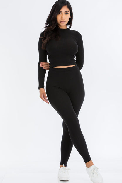 Ribbed Mock Neck Long Sleeve Top & Leggings Set (CAPELLA) - Capella Apparel