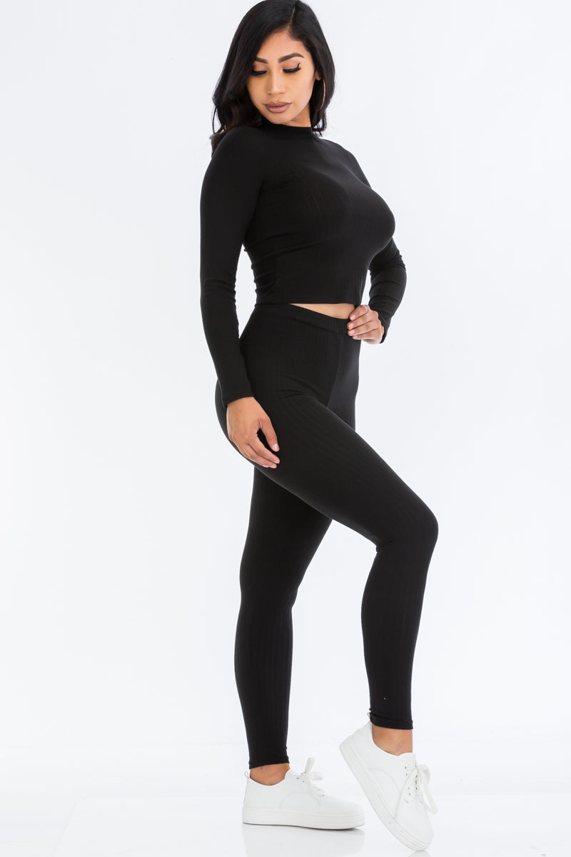 Ribbed Mock Neck Long Sleeve Top & Leggings Set (CAPELLA) - Capella Apparel