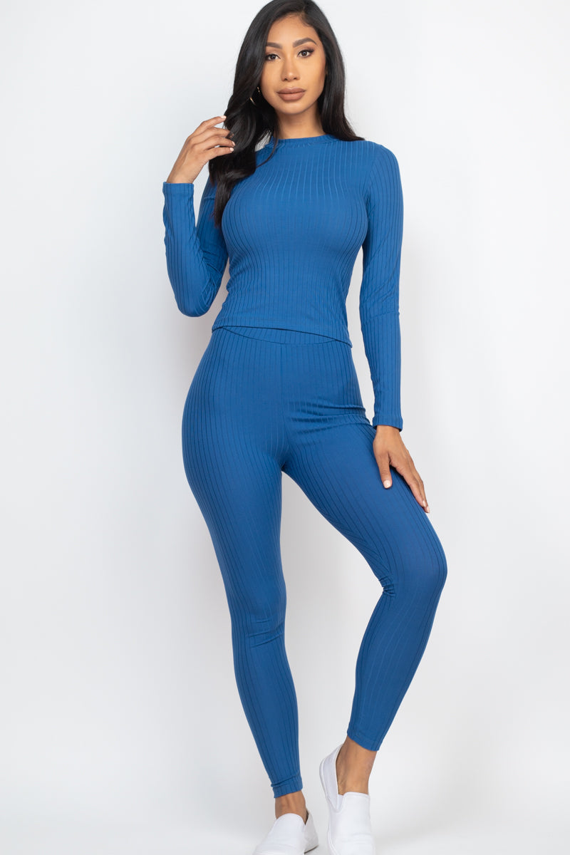 Ribbed Mock Neck Long Sleeve Top & Leggings Set (CAPELLA) - Capella Apparel