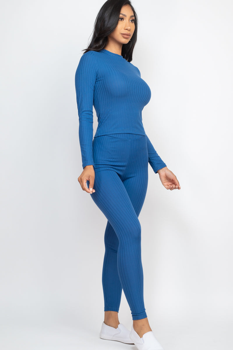 Ribbed Mock Neck Long Sleeve Top & Leggings Set (CAPELLA) - Capella Apparel