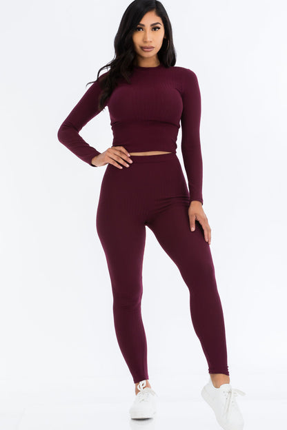 Ribbed Mock Neck Long Sleeve Top & Leggings Set (CAPELLA) - Capella Apparel