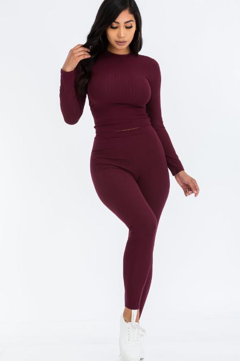 Ribbed Mock Neck Long Sleeve Top & Leggings Set - Capella Apparel Wholesale