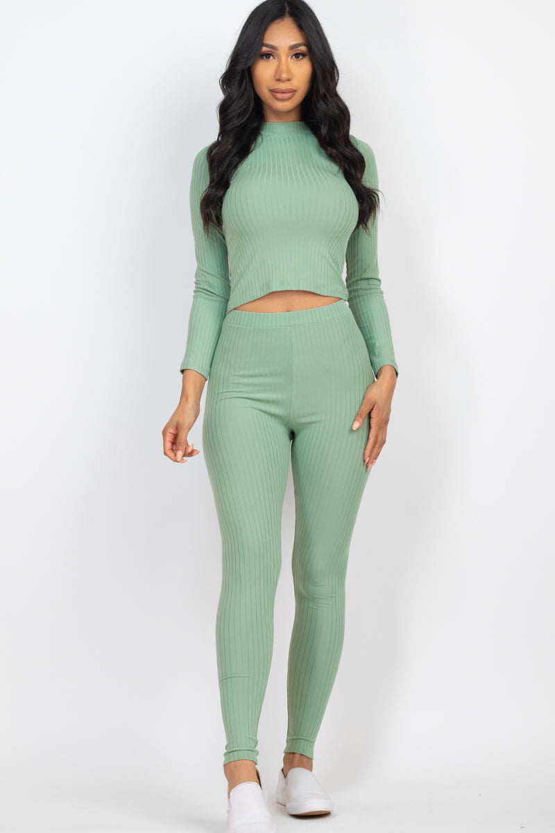 Ribbed Mock Neck Long Sleeve Top & Leggings Set (CAPELLA) - Capella Apparel