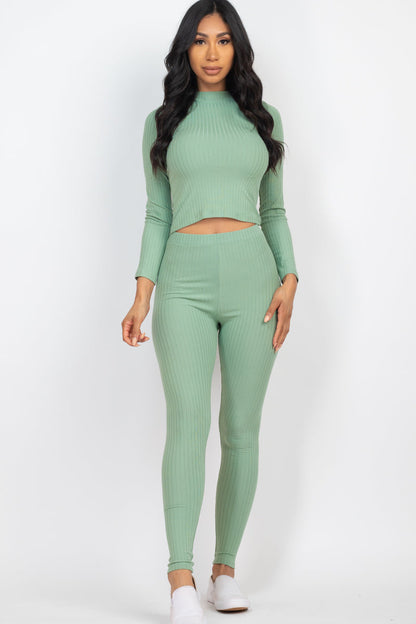 Ribbed Mock Neck Long Sleeve Top & Leggings Set (CAPELLA) - Capella Apparel