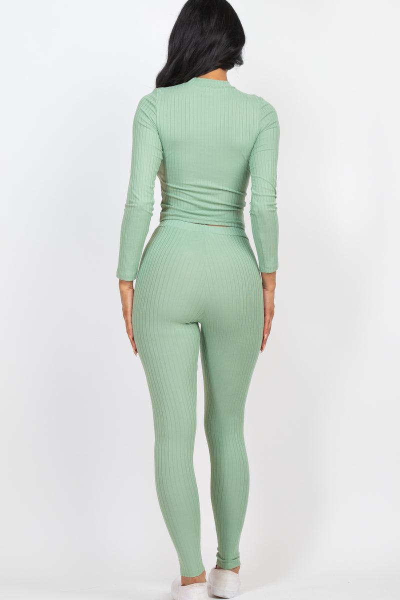 Ribbed Mock Neck Long Sleeve Top & Leggings Set (CAPELLA) - Capella Apparel