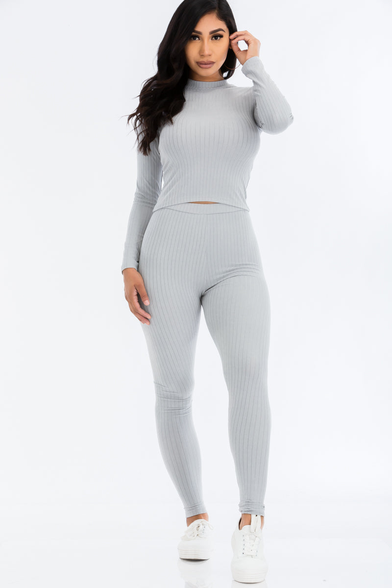 Ribbed Mock Neck Long Sleeve Top & Leggings Set (CAPELLA) - Capella Apparel