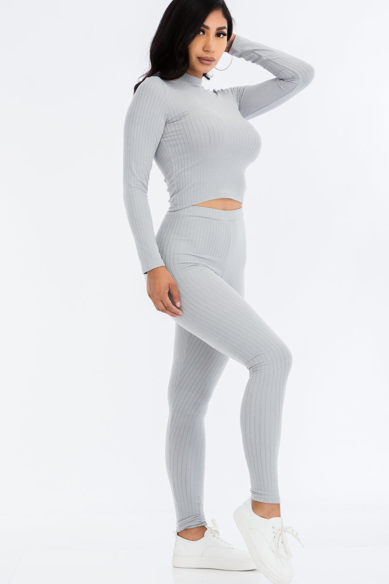 Ribbed Mock Neck Long Sleeve Top & Leggings Set (CAPELLA) - Capella Apparel