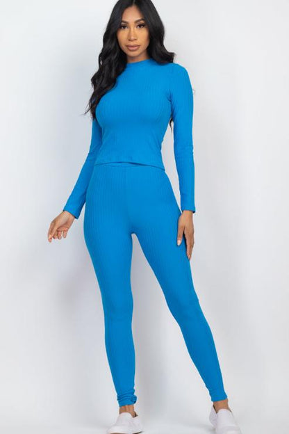 Ribbed Mock Neck Long Sleeve Top & Leggings Set - Capella Apparel Wholesale